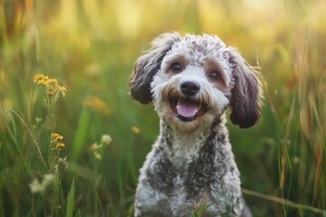 Fototapeta premium Aussie Doodle Puppy Enjoying Happy Time Outdoors in Grass