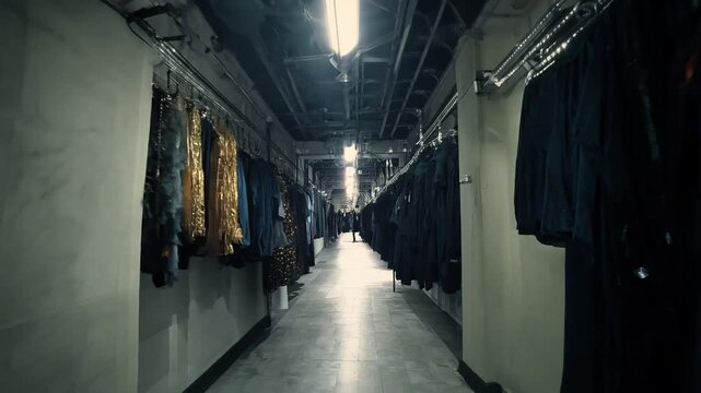 Backstage of a Theater with Costumes Hanging in Corridor - theater backstage, hanging costumes, performance, stage, wardrobe
