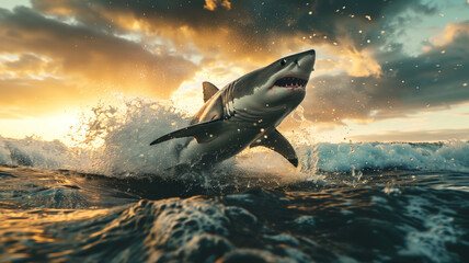 Majestic Shark Leaps Gracefully From Crystal Waters Under Golden Sunset Skies