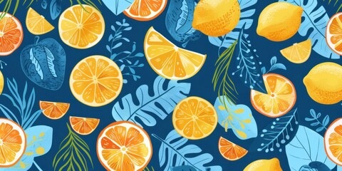 A vibrant summer pattern featuring lemons, oranges and grapefruits with tropical leaves in a flat style The background is a cool blue color with scattered elements of the fruits Generative AI