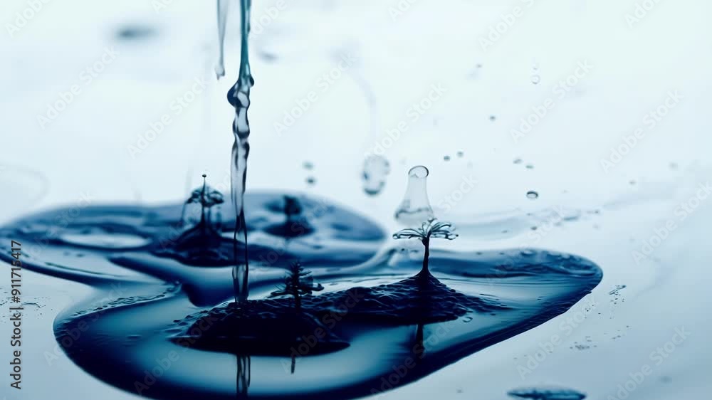 Poster captivating blue ink swirls and droplets dance gracefully in a clear setting, illuminated by soft da