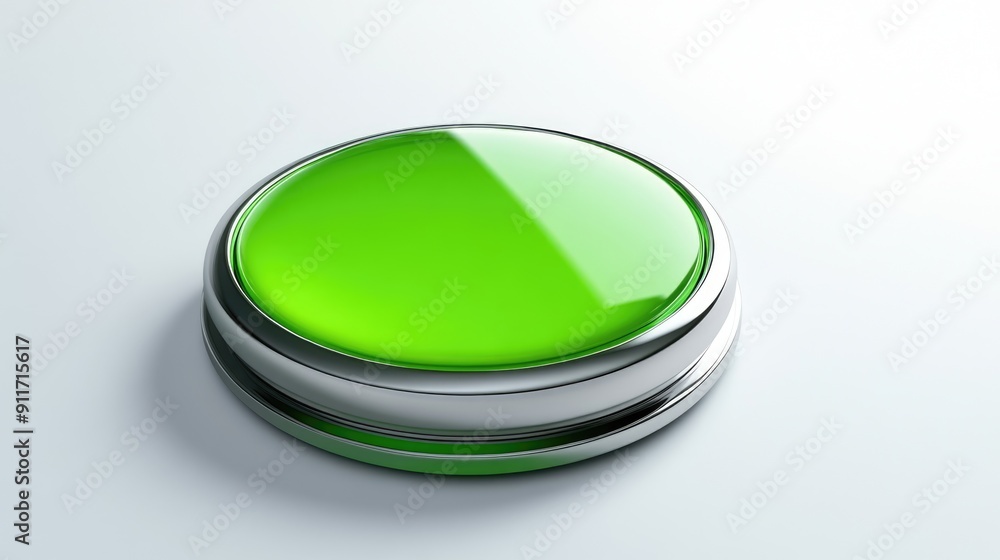 Poster easy button green. close-up of big green go push-button symbol on white background
