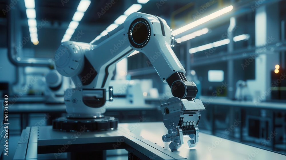Poster industrial revolution 40 sleek robotic arm performing precision tasks in hightech factory automated 