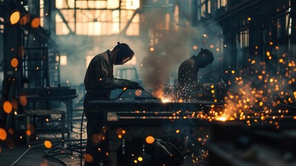 industrial welders at work showers of sparks illuminating dim factory interior focused craftsmen molten metal glow dynamic composition