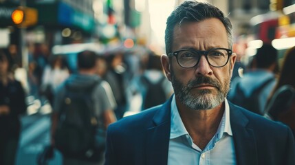 Obraz premium A well-dressed man walks through a bustling city street filled with pedestrians in the evening light