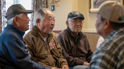 Volunteers visiting a veterans' home, spending time with veterans and listening to their stories