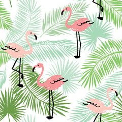 03_Flamingo_pat_2024_08.epsTropical pink flamingo, green palm leaves silhouette, white background. Vector illustration. Seamless pattern. Exotic plants, birds. Summer beach design. Paradise nature