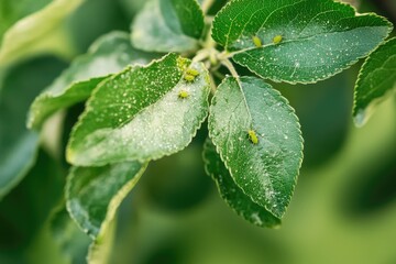 Fototapeta premium Aphid Damage. Green Aphids Infestation on Fresh Apple Leaves in Springtime Orchard