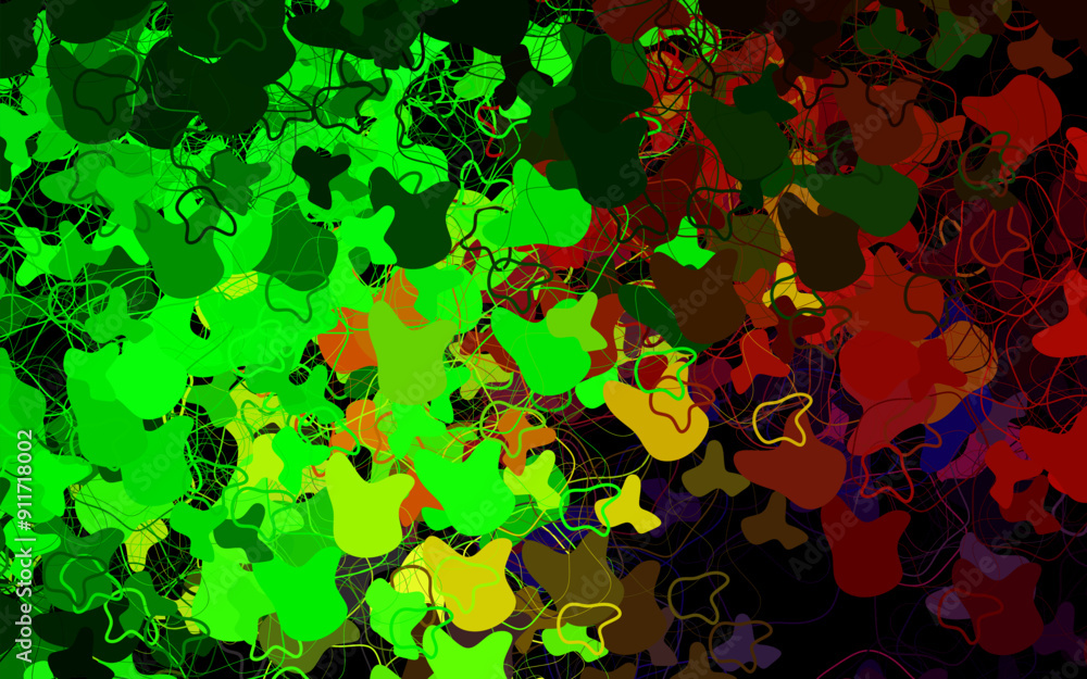 Poster dark green, red vector backdrop with memphis shapes.