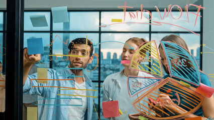 Professional business team brainstorm, sharing, thinking idea while skilled male leader write on sticky notes at glass wall. Skilled manager placed business plan on glass wall at office. Tracery