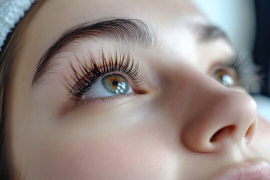 Eyelash Tint. Closeup of Young Caucasian Woman Having Professional Lash Lamination Done