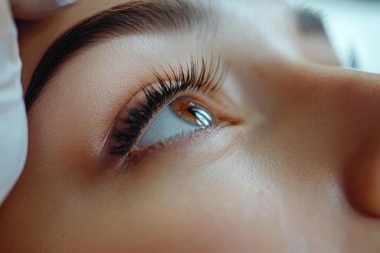Eyelash Tint. Closeup of Young Caucasian Woman Undergoing Professional Lamination