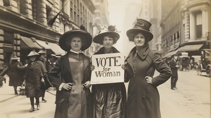 Women activists holding a sign advocating for women's voting rights in early 20th-century street scene