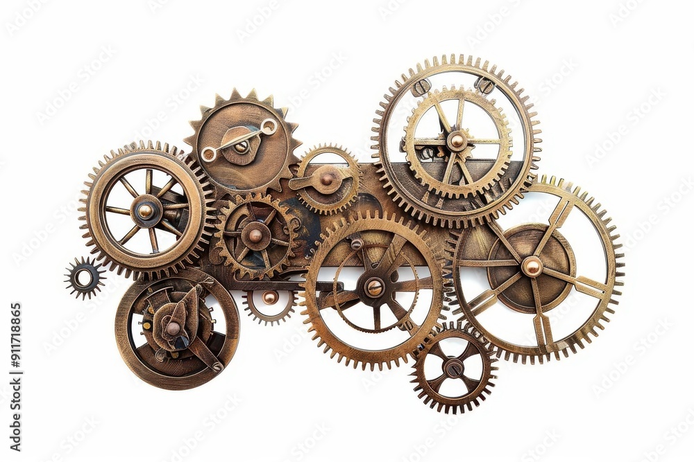 Poster intricate steampunk clockwork display antique brass gears and cogs of various sizes interlocking ric