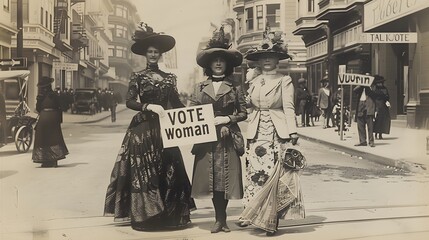 Women in elaborate dresses promoting women's voting rights on a city street