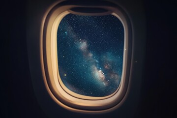 Airplane Window Night. Traveling at Night with Starry Sky and Milky Way View