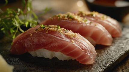 Tuna nigiri with rustic plating and garnishes
