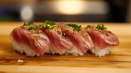 Tuna nigiri with rustic plating and garnishes on cutting board
