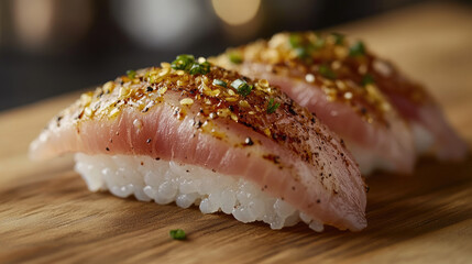 Tuna nigiri with rustic plating, furikake seasoning and garnishes

