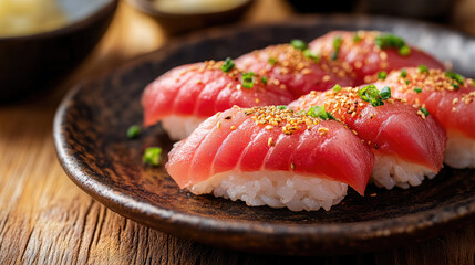 Tuna nigiri with rustic plating and garnishes, rustic clay plating
