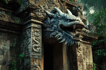 Obraz premium Vietnamese Dragon. Ancient Ruin of Vietnamese Temple with Traditional Dragon Art