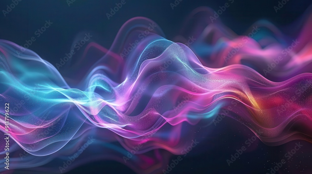 Poster iridescent 3d wave twisting through space holographic colors morphing fluidly abstract motion on dar