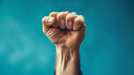 Close up of protesting big male hand in fist shape on turquoise background.