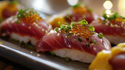 Tuna nigiri with rustic plating and garnishes, close-up
