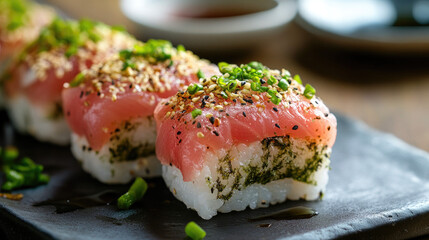 Tuna nigiri with rustic plating and garnishes, cubed
