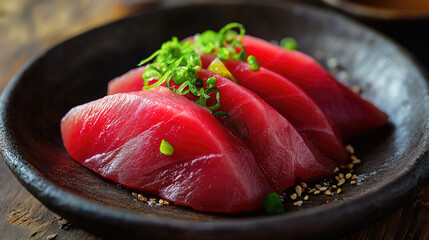 Tuna sashimi with rusting plating, green onion garnish