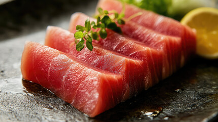 Rectangular tuna sashimi with rusting plating