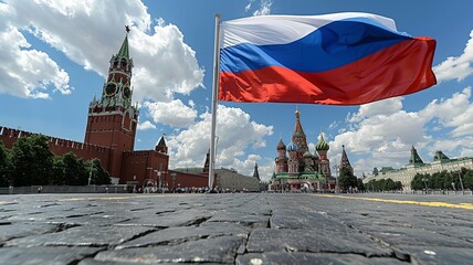 Obraz premium The Russian flag waves majestically in the breeze, showcasing its vibrant white, blue, and red horizontal stripes. This image captures the essence of national pride and identity
