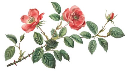 isolated antique botanical illustration of delicate rose blossom on crisp white background