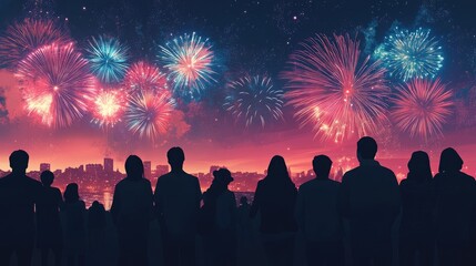 Fototapeta premium People Watching Fireworks: Silhouetted Crowd at New Year or Fourth of July Celebration