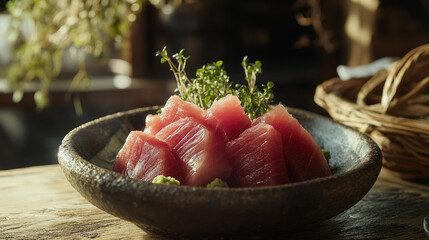 Tuna sashimi with rusting plating and setting