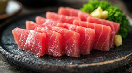 Tuna sashimi with rusting plating, macro photography