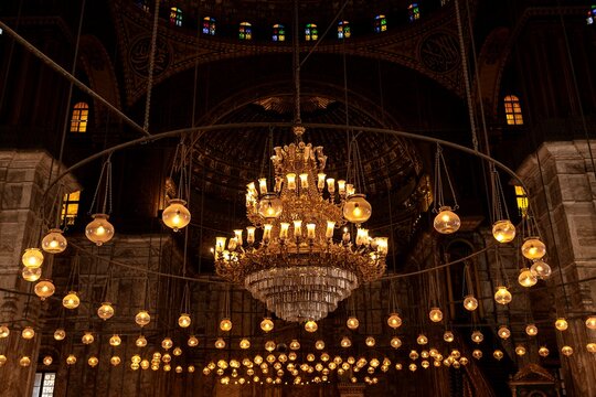 Interior chandelier and lights of Muhammad Ali Mosque