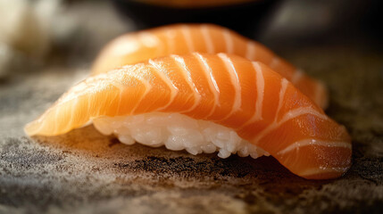Salmon nigiri, high detail closeup