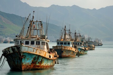 China Fishing Vessel. Chinese Commercial Trawlers Anchored in the Outer Anchorage Bay