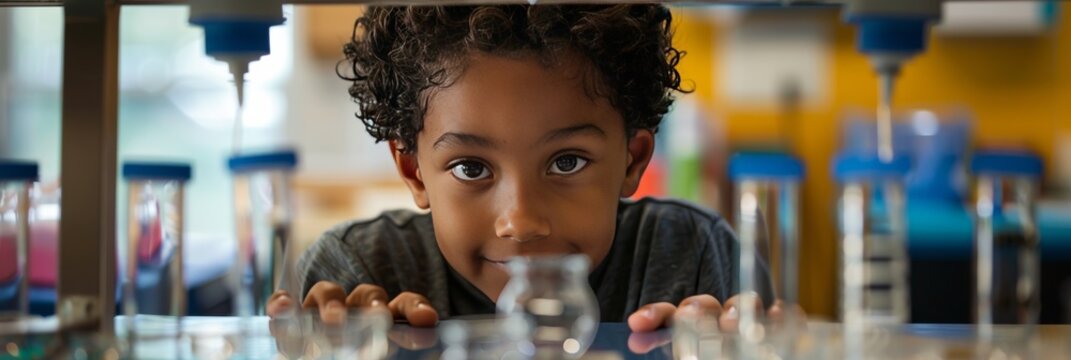Biracial boy excitedly conducting a science experiment in a classroom, capturing the spirit