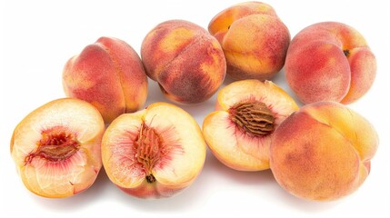   A cluster of peaches resting together on a white background, with one of them showing a bitten mark