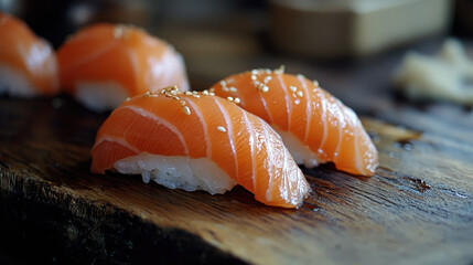 Salmon nigiri, high detail closeup, sesame seed garnish