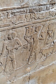 Ancient Egyptian hieroglyphics on stone wall, cultural heritage