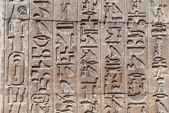 Ancient Egyptian hieroglyphics on stone wall, cultural heritage