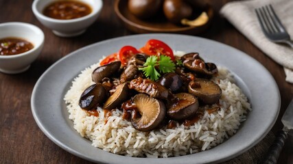 filipino style tapa with mushroom sauce and rice silog art .jpeg