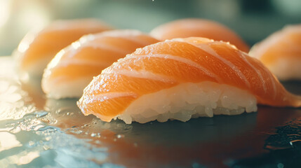 Salmon nigiri, high detail closeup