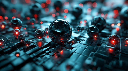 Red and Blue Geometric Landscape with Floating Spheres