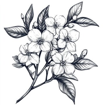 recommend clip art: Hand Drawn Jasmine. Black and White Outline Illustration of Blooming Jasmine Plant with Branch, Flowers, and Leaves