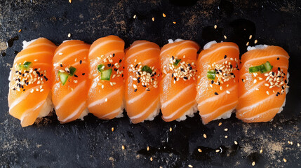 Salmon nigiri, high detail closeup top-down view