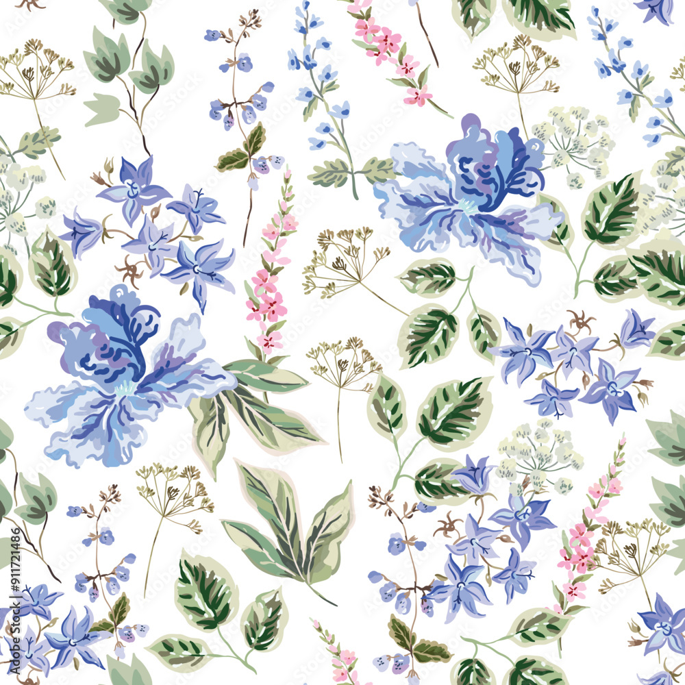 Wall mural Blue and pink flowers, bellflowers, leaves, herbs, white background. Floral illustration. Vector seamless pattern. Botanical design. Meadow nature plants